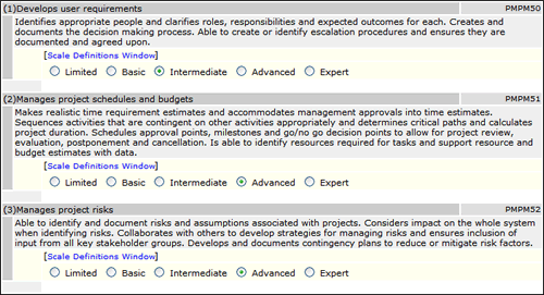 Avilar displays a list of skills assessment criteria with a 5-point rating scale: Limited, Basic, Intermediate, Advanced, and Expert.