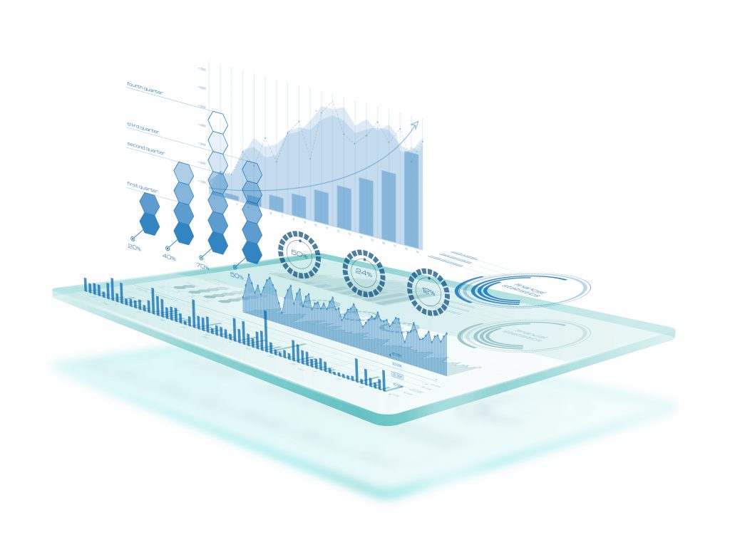 BI data storage and business intelligence dashboard showing upward trends.