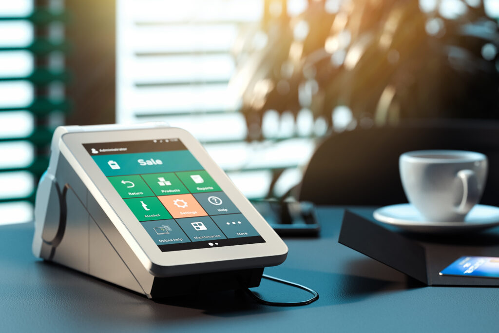 A POS terminal on the counter of a small business coffee shop.