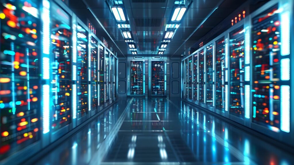 Data center abstract background, database within terminal storage, hardware server room, cloud computing, and network hosting within a rack system.