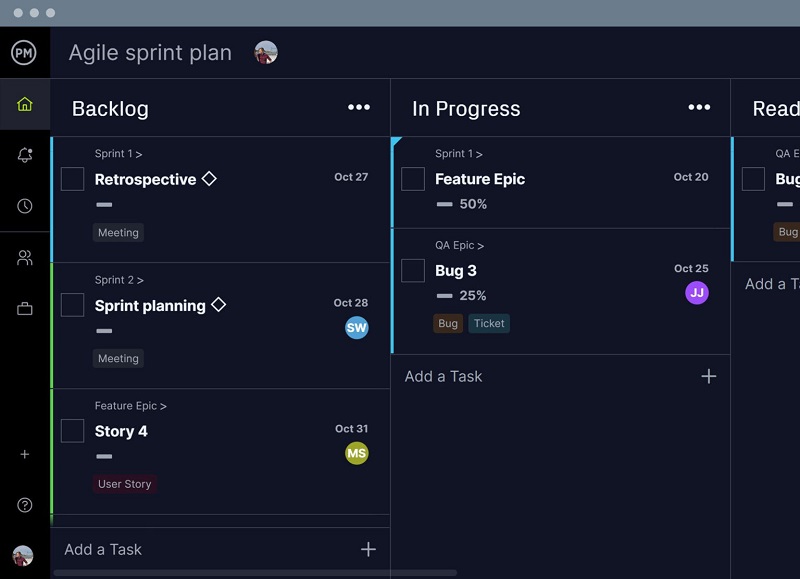 Screenshot of a ProjectManager's Agile Sprint Plan & Backlog displaying tasks, features, and sprints with their respective timelines and statuses.