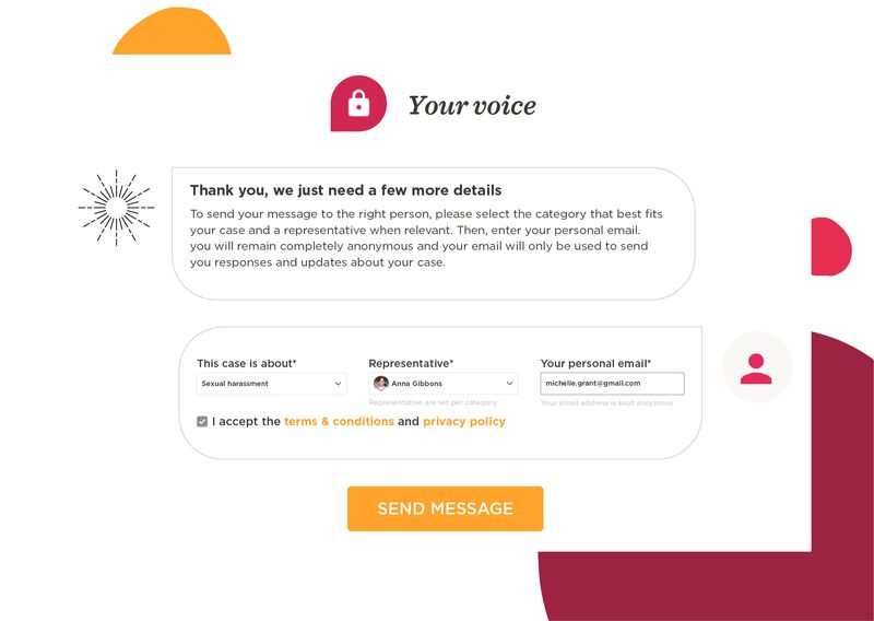 Bob displays its Your Voice chat window with a message asking the user to provide details on their concern and a speech bubble with fields for users to select what their case is about, their representative, and their email.