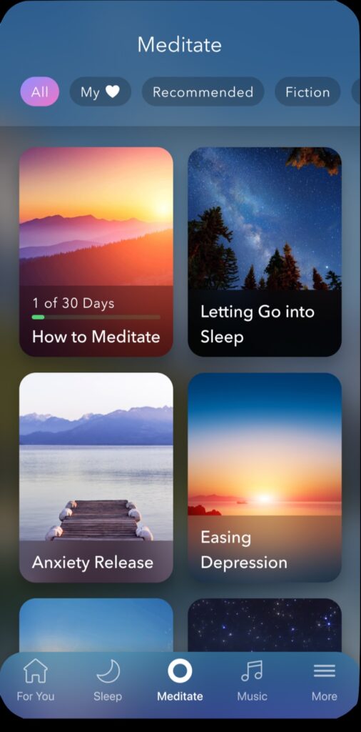 Calm displays its meditate dashboard on its mobile app with photographs of misty mountains, the Milky Way at night, a lake, and the ocean to start courses on meditation, sleep, anxiety release, and easing depression, respectively.