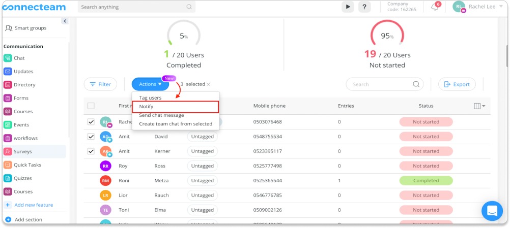 Connecteam displays a survey tracking dashboard with an action menu for tagging users, sending notifications, sending chat messages, and creating a team chat from selected users.