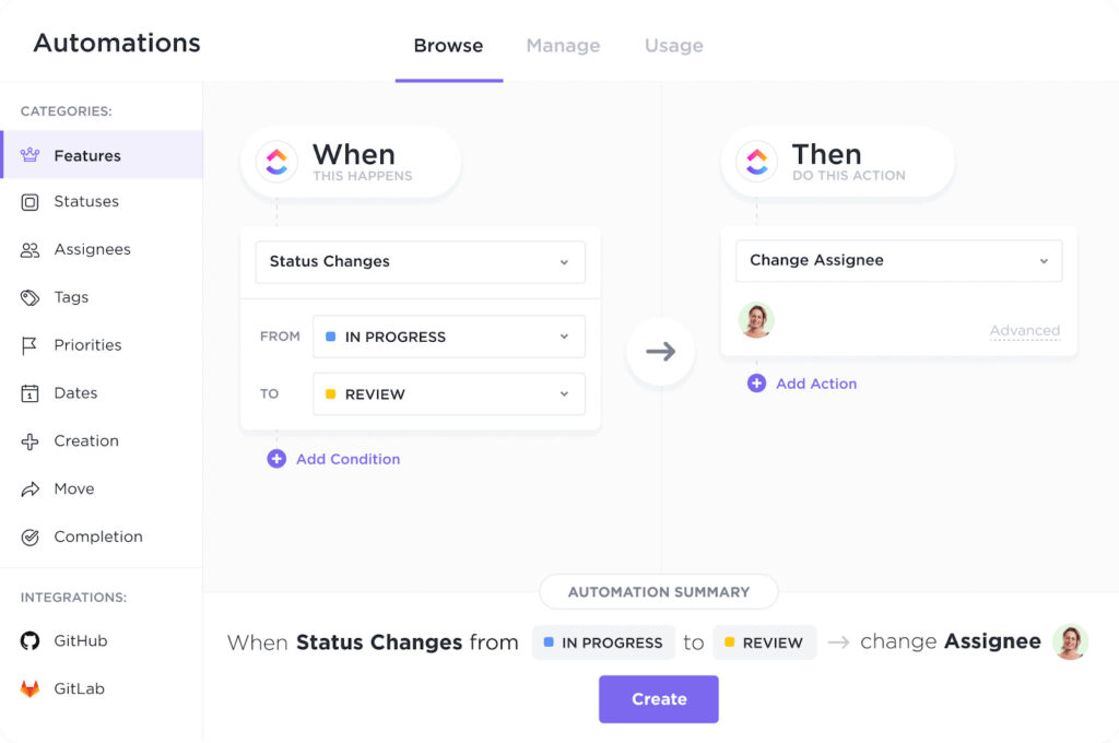 ClickUp interface showing the automation builder with input fields for the trigger, condition, and action.