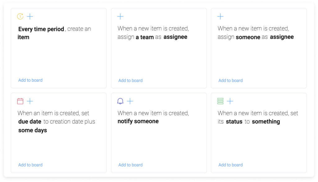 monday.com interface showing rows of workflow automation templates.