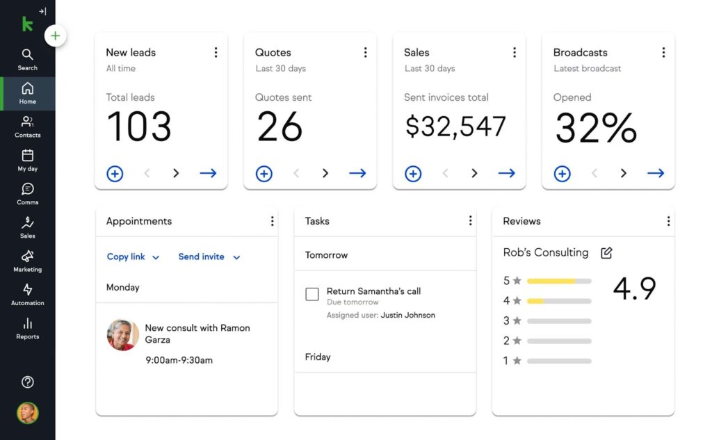 Keap dashboard.