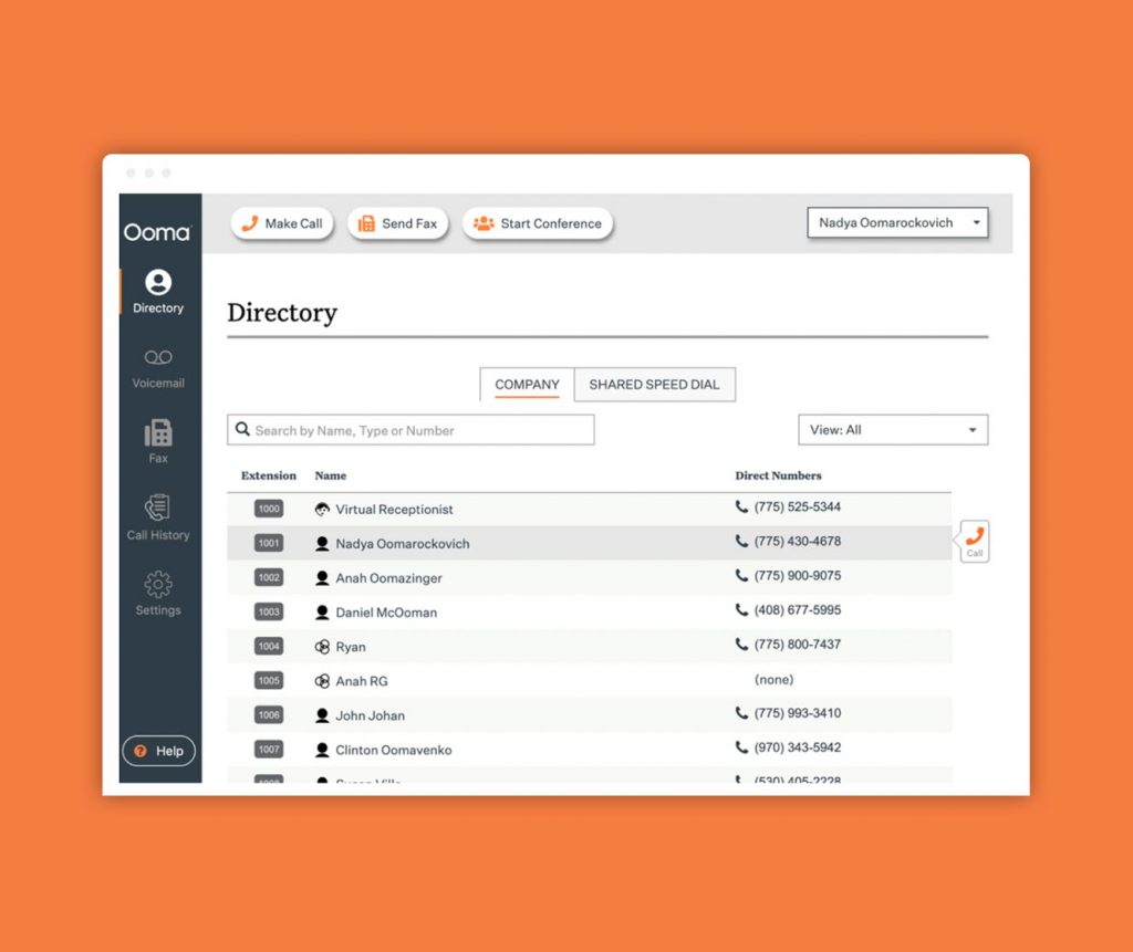 Ooma VOIP dashboard.