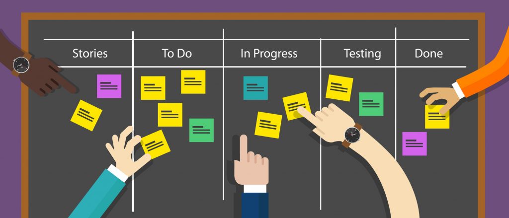 Illustration of people moving cards on a Kanban board.