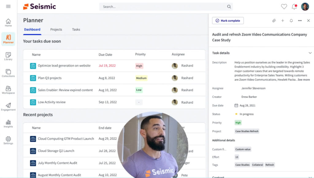 Seismic's task planner with due date, priority, assignee, and details.