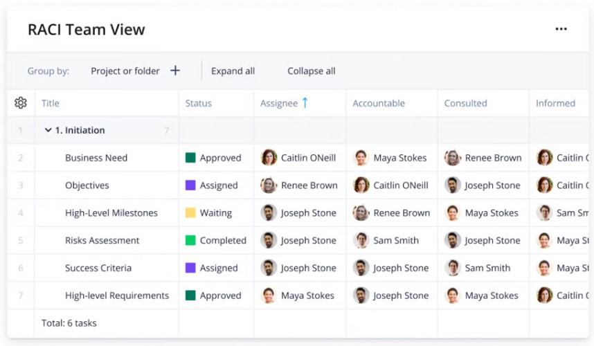 Wrike's RACI Team View emphasizing stakeholder roles by designating individual tasks.