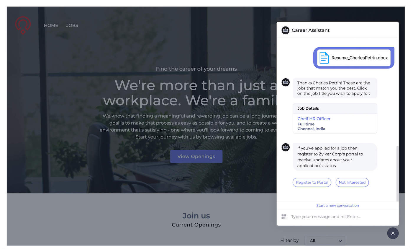 Zoho Recruit's intelligent Career Assistant chatbot matches a candidate's resume with job openings.