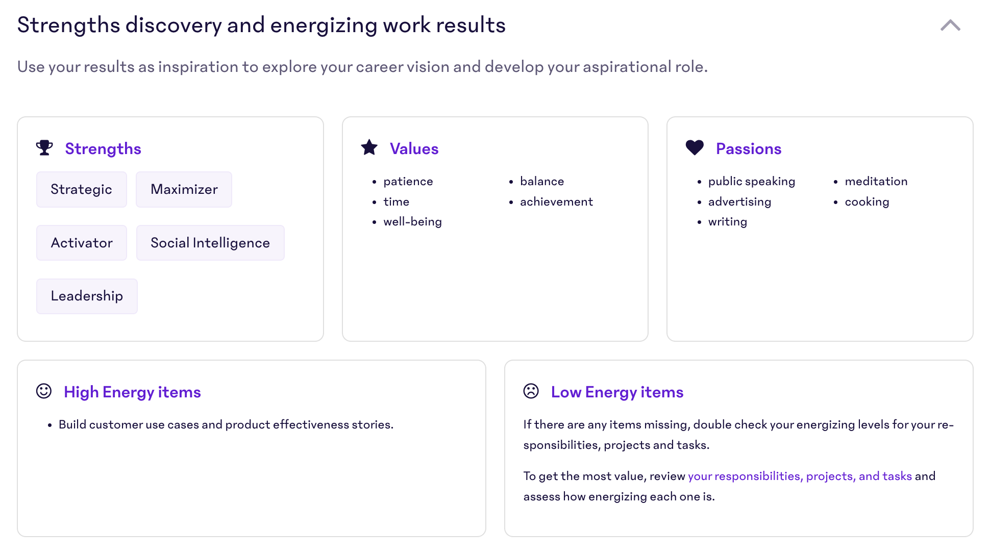 The 15Five platform shows an employee's strengths, values, and passions to help develop their aspirational role.