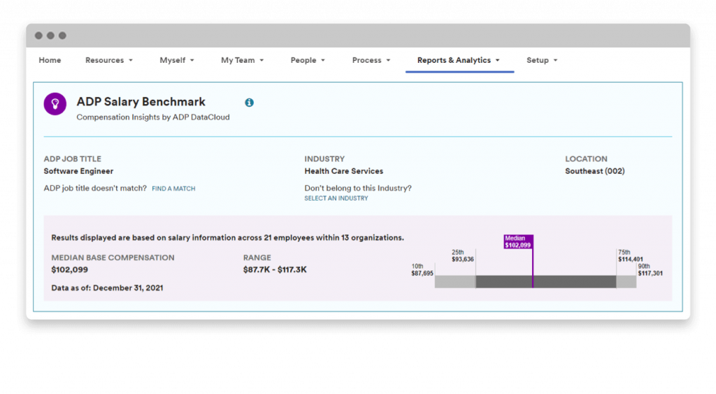 ADP displays a salary benchmark report for a software engineer position.