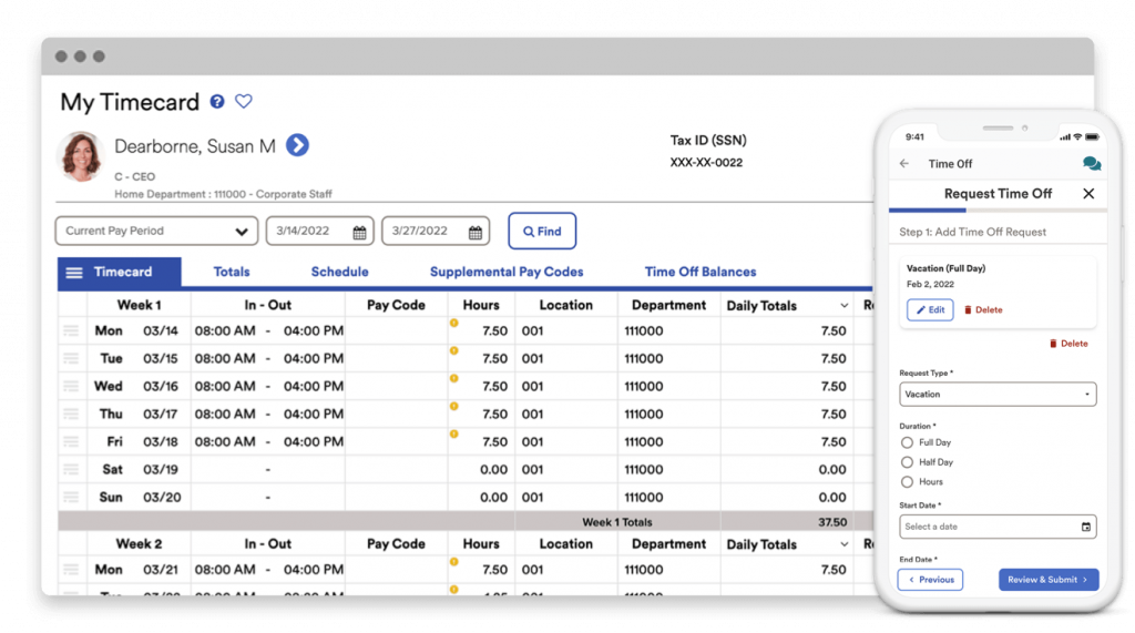 ADP displays an employee's timecard on a desktop window and a time off request form on a mobile app.