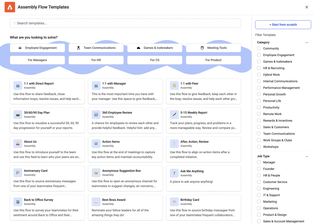 Assembly displays a library of automation templates called flows.