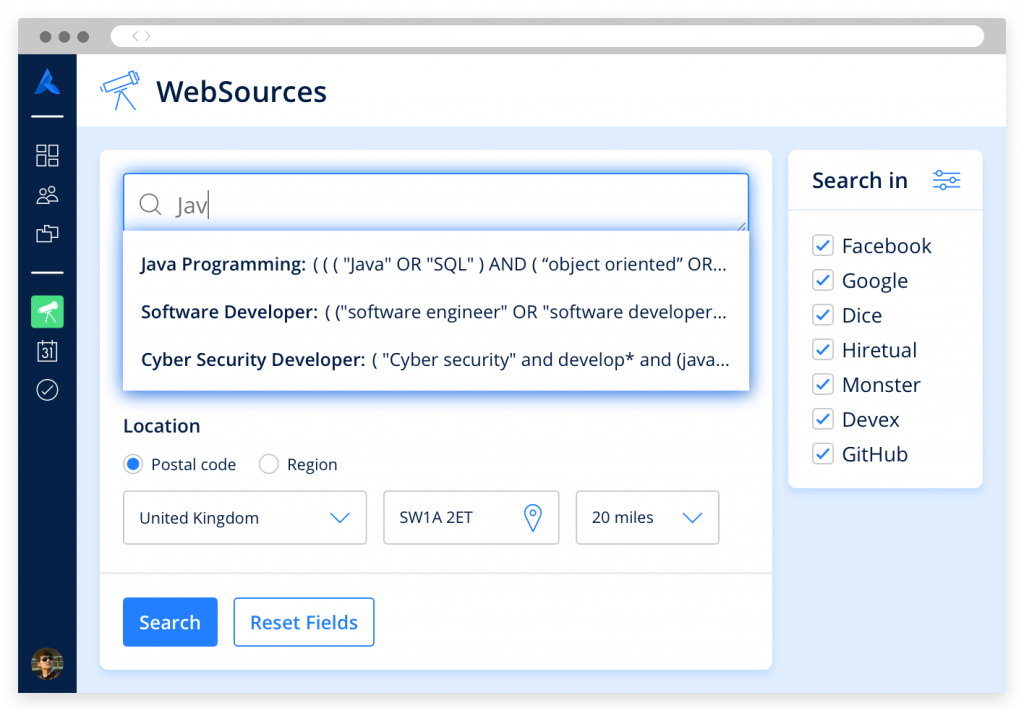 The Avature platform displays data sourcing parameters for java programming, software developer, and cyber security developer queries.