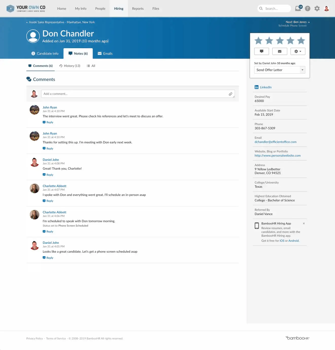 BambooHR displays a candidate profile with comments from the hiring team discussing next steps.