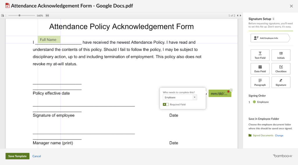 BambooHR electronic fillable forms.