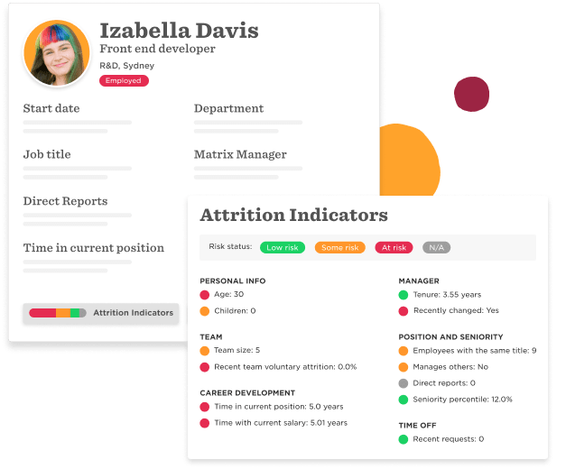 Bob's Attrition Indicator feature displays the factors and characteristics that contribute to an employee's attrition risk status.