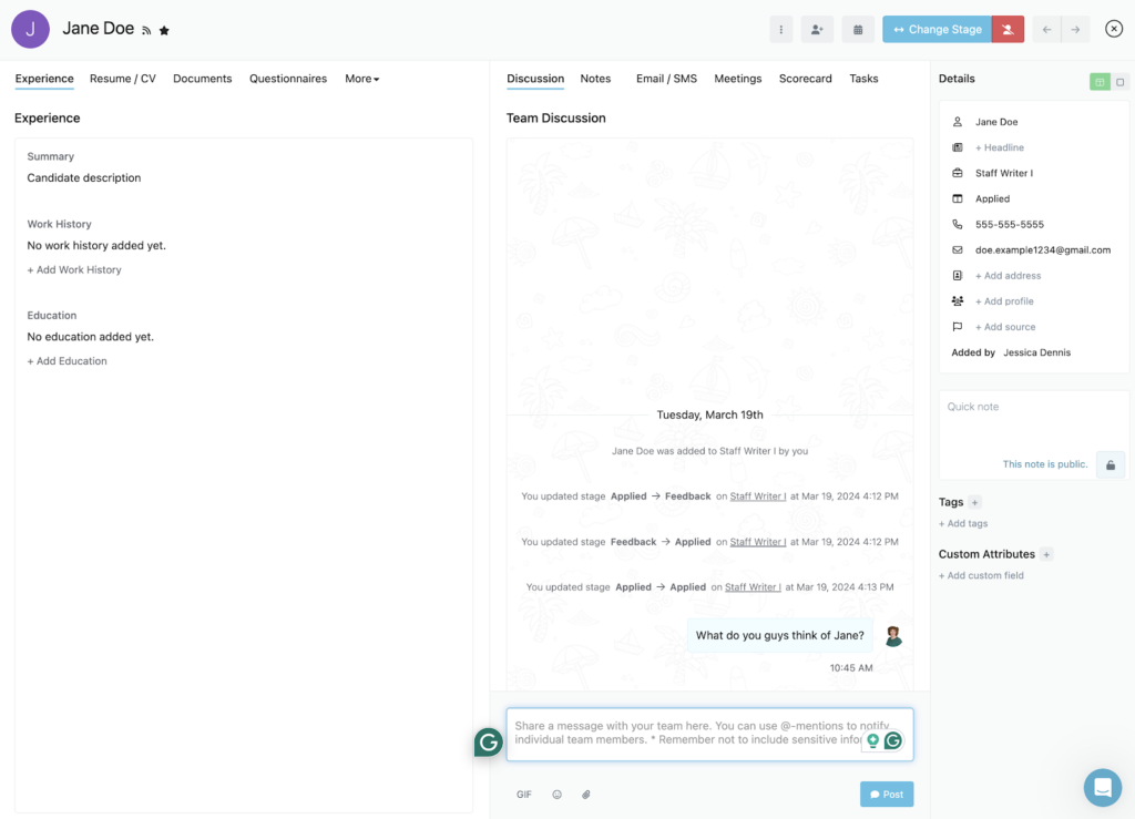 Breezy HR displays a candidate profile for someone named Jane Doe with a summary of prior experience on the left, an internal discussion board with the comment "What do you guys think of Jane?" in the middle, and candidate contact details, quick notes, and tags listed on the right.