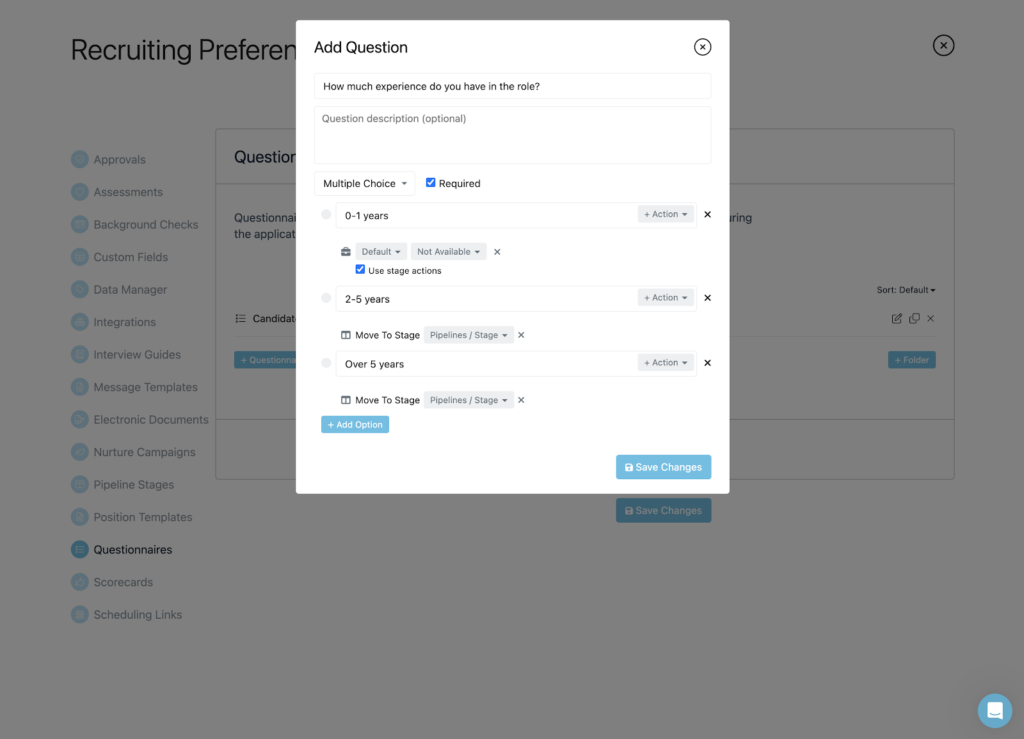 Breezy HR displays its recruiting preferences dashboard with a pop-up window reading, "Add question"; the question, "How much experience do you have in the role?" shows multiple-choice answers for 0-1 years, 2-5 years, and over 5 years, plus a small notice that candidates who answer 0-1 years will be moved to a "not available" talent pool.