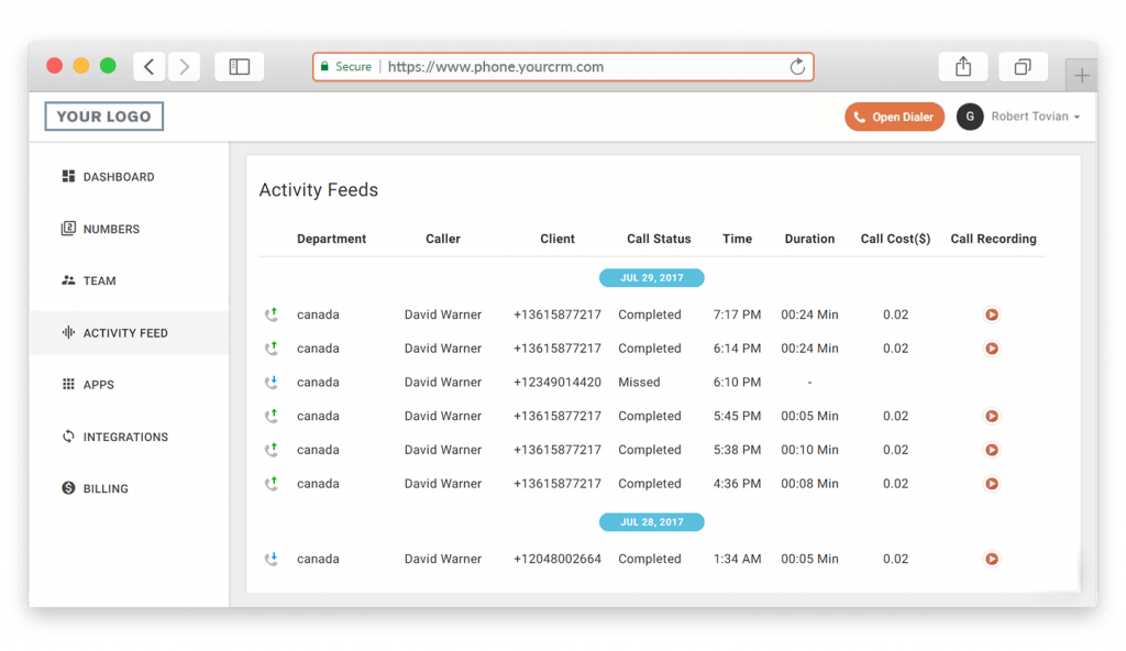 CallHippo activity feed with call log details, duration, status, department, and time.