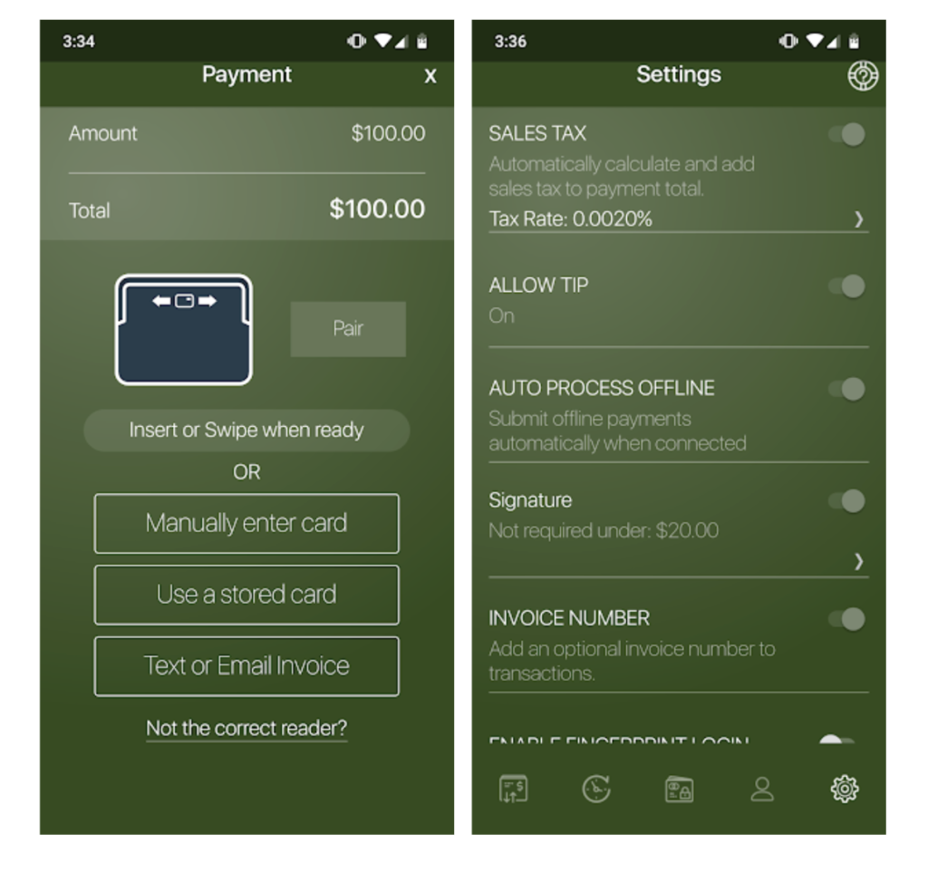 CDG Pay mobile POS app with sample transaction and settings.