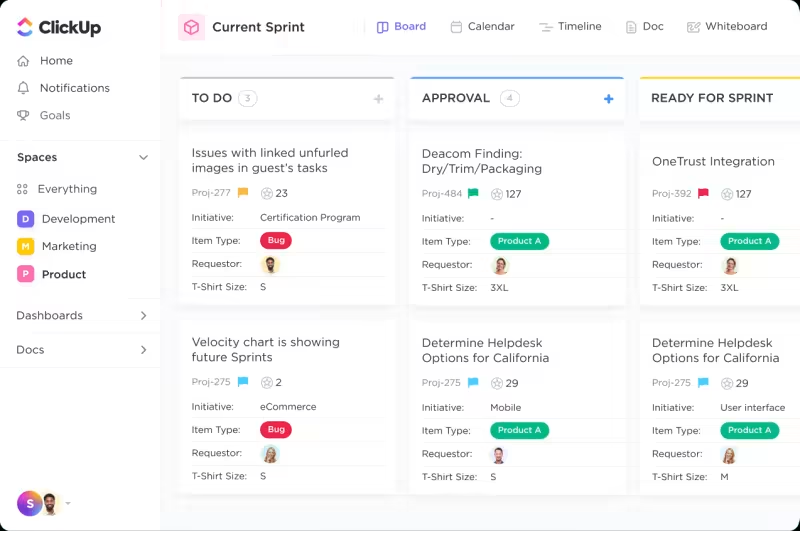 Screenshot of a ClickUp Dashboard displaying various project tasks, statuses, and team initiatives.