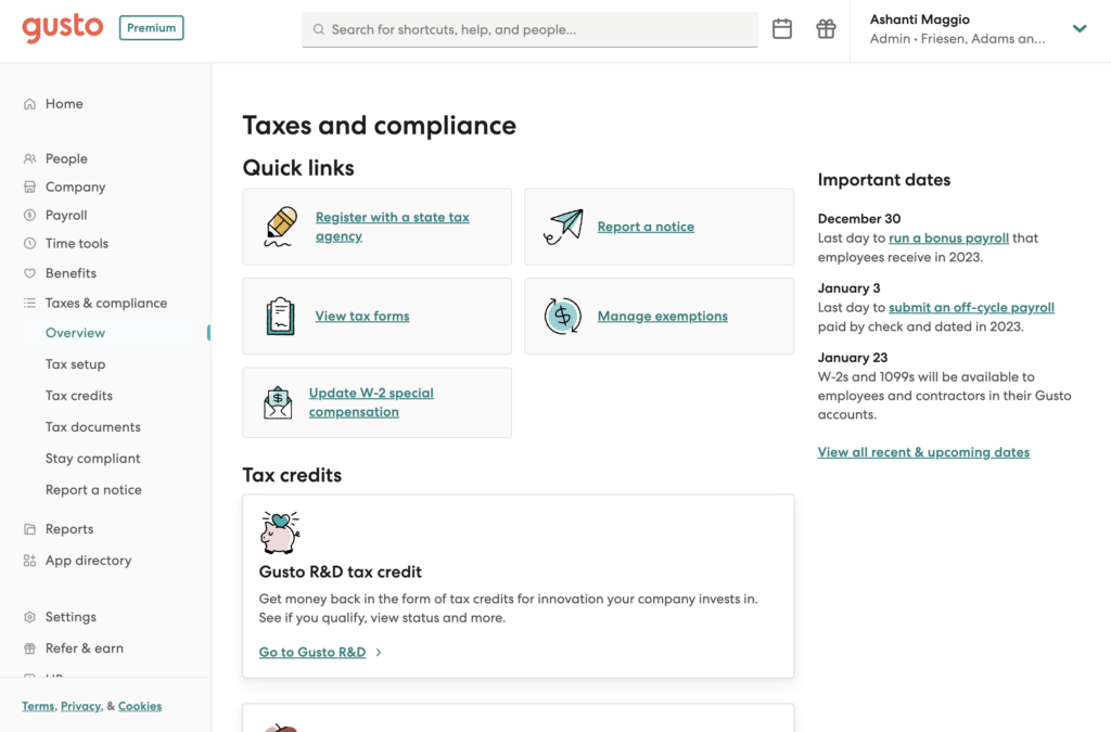 Gusto displays its taxes and compliance dashboard with links to register with a state agency, report a notice, view tax forms, manage exemptions, and R&D tax credits, plus a list of important dates on the right-hand side, like the last day to run 2023 bonus runs.