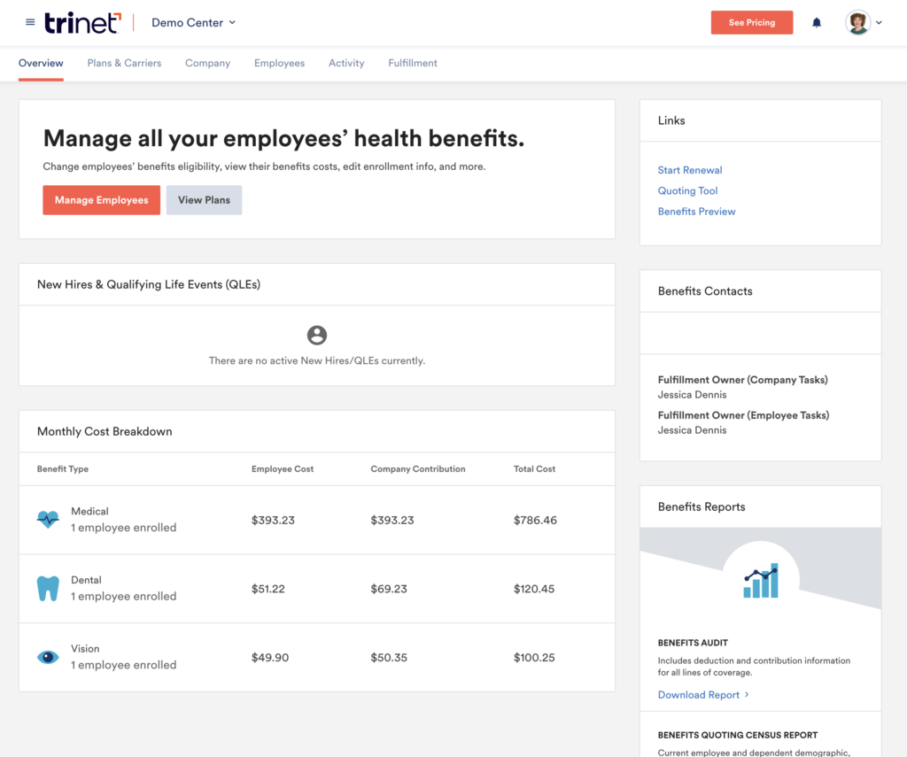 TriNET HR Platform displays a benefits administration overview dashboard with monthly cost breakdowns for medical, dental, and vision insurance in the middle, plus quick links and access to benefits audit reports on the right.