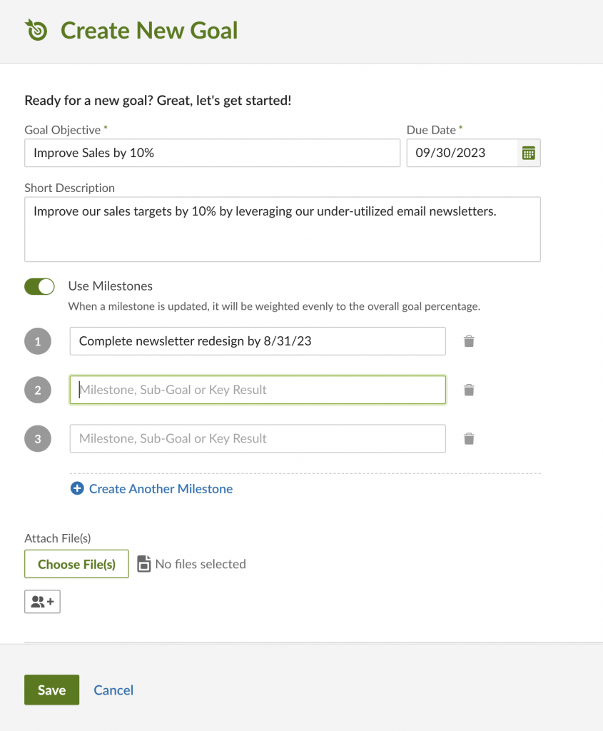 BambooHR displays fields for creating a new goal including goal objective, due date, description, and tasks to support goal completion.