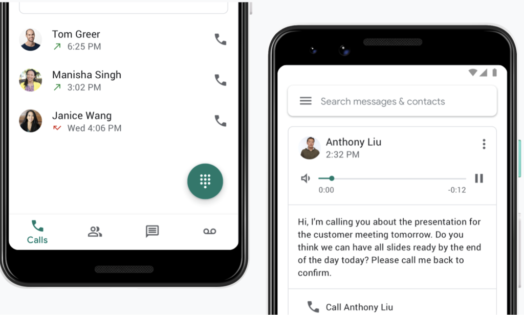 Call logs and voicemail on Google Voice mobile app.