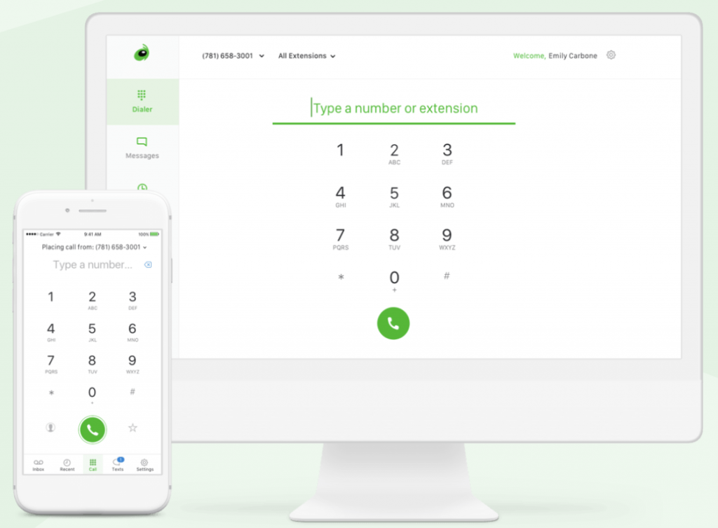 Grasshopper dial pad on desktop and mobile app versions.