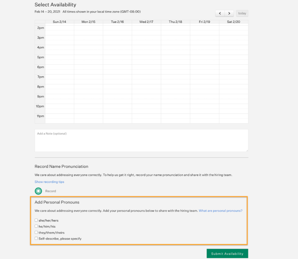 Greenhouse displays a dashboard with a weekly calendar at the top to select times for an interview, followed by a button to record a name and then the options "she/her/hers," "he/him/his," "they/them/theirs," and "self-describe, please specify" to select your personal pronouns.