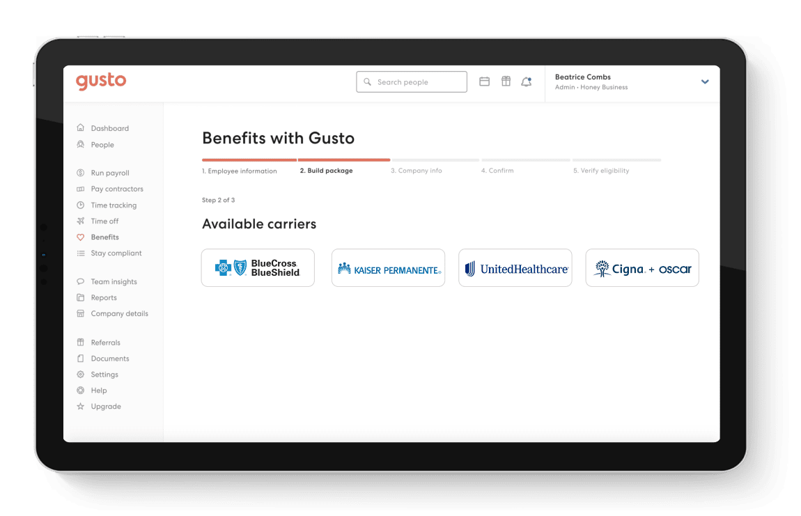 The Gusto platform displays the different insurance carriers users can build their custom benefits package with, including Blue Cross Blue Shield and United Healthcare.