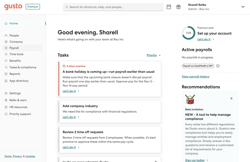 Gusto displays a list of tasks, active payroll progress, and new HR tool recommendations on an administrator’s homepage.