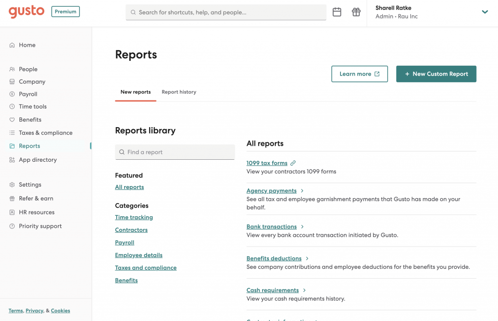 Gusto displays a list of links to report templates categorized by featured, time tracking, contractors, payroll, employee details, taxes and compliance, benefits, and all reports.