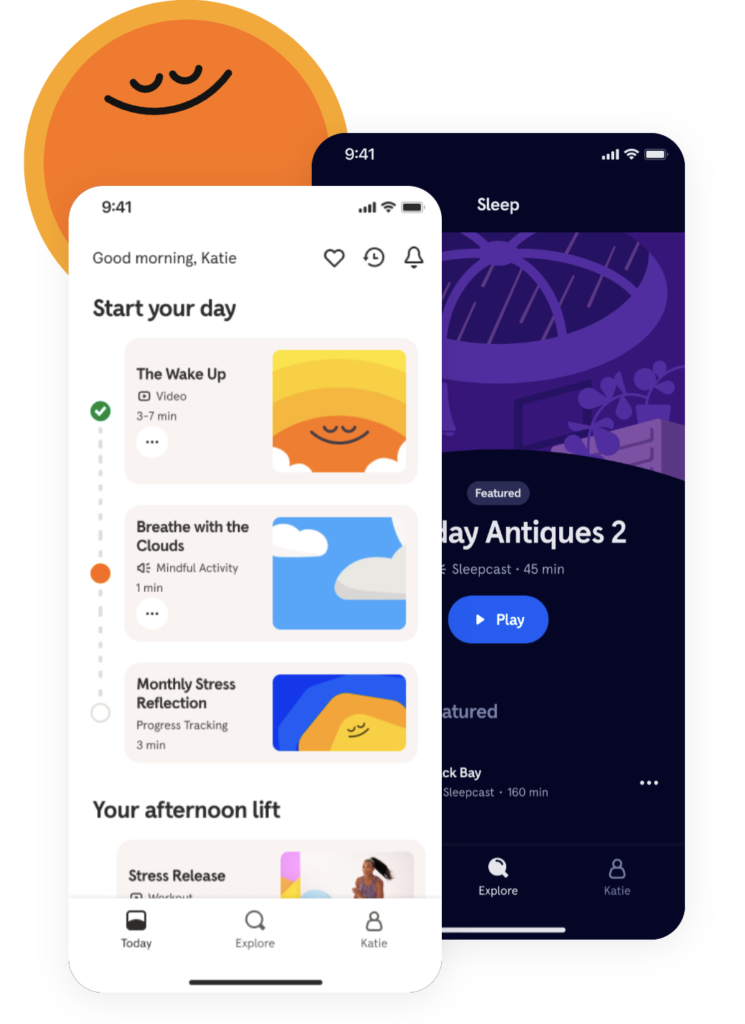 Headspace displays two mobile phones; the first shows a today dashboard that lists activities to start the day, including waking up, breathing with the clouds, and monthly stress reflection; the second shows a cartoon picture of a room with a skylight and rain plus a play button to start sleep sounds.