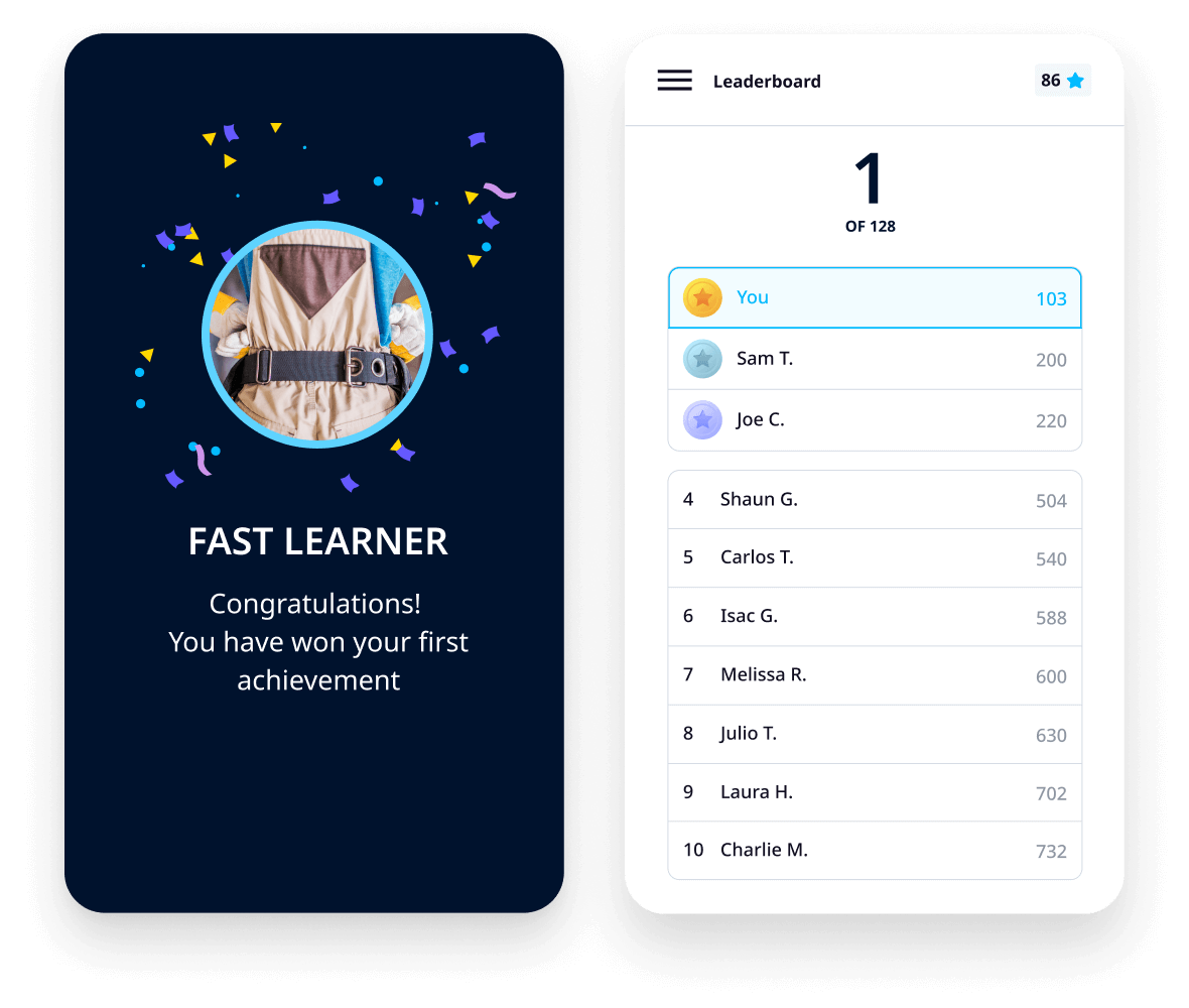 EdApp's leaderboard congratulates the user on winning an achievement.