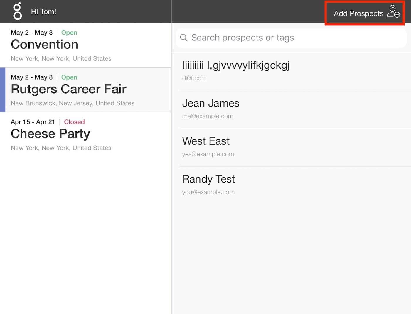 Greenhouse's mobile app prompts a user named Tom to add a new prospect while attending a Rutgers career fair.