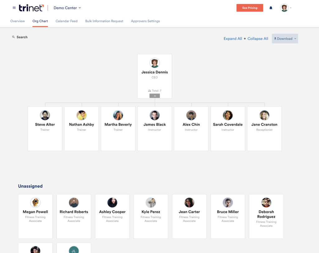 TriNet HR Platform displays employee hierarchical relationships in a tree diagram with buttons to expand, collapse, or download the tree in the upper right corner.