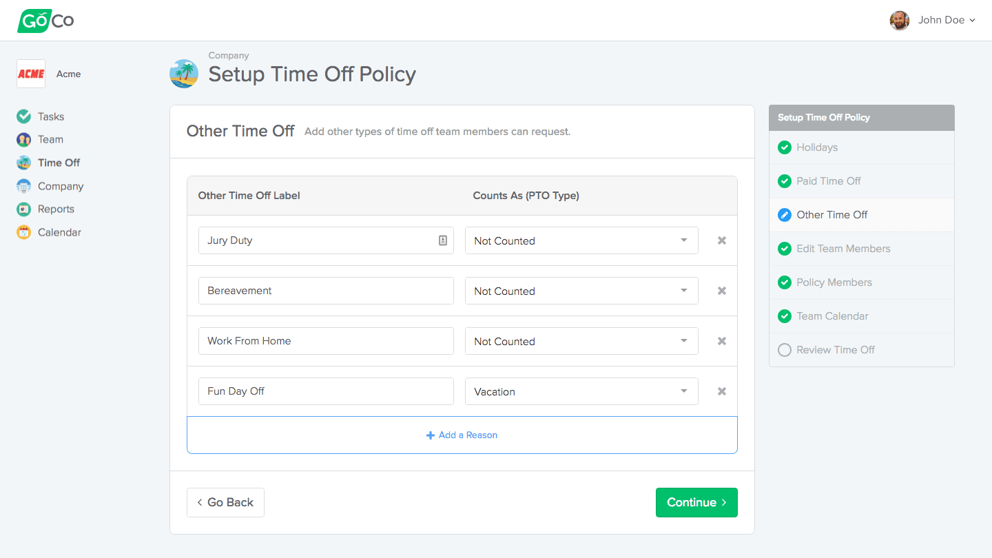 GoCo’s Setup Time Off Policy page lists different types of time off policies, like jury duty and bereavement.