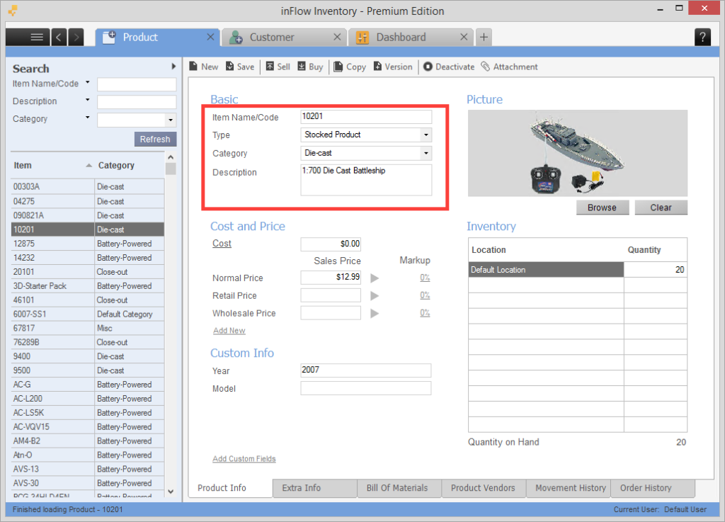 inFlow's web app showing a list of products on the lefthand side and an expanded view of one product on the right, with cost, location, quantity, and custom info fields.