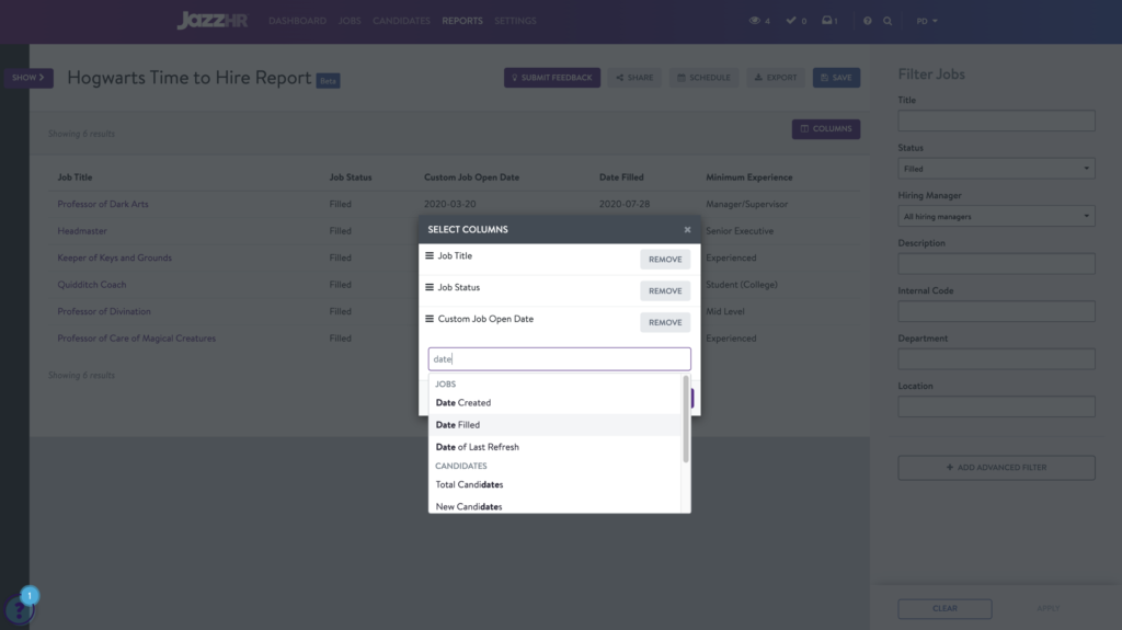 An example time-to-hire report in JazzHR with job title and job status columns displayed.