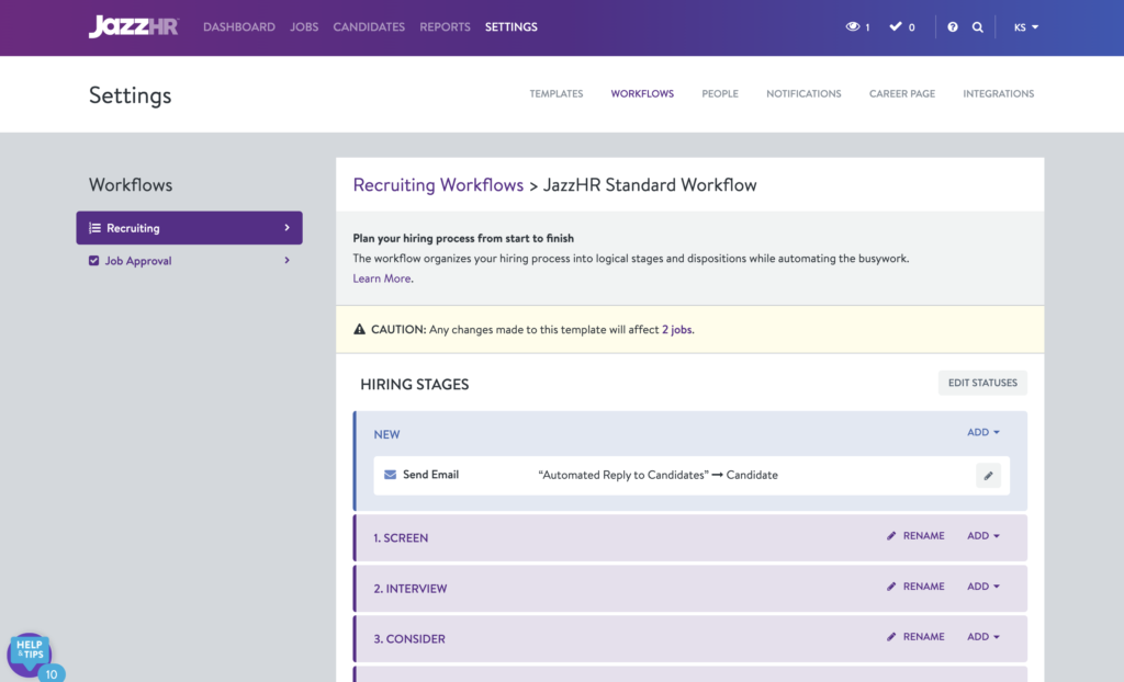 An example recruiting workflow in JazzHR with multiple hiring stages listed, including screen, interview, and consideration.