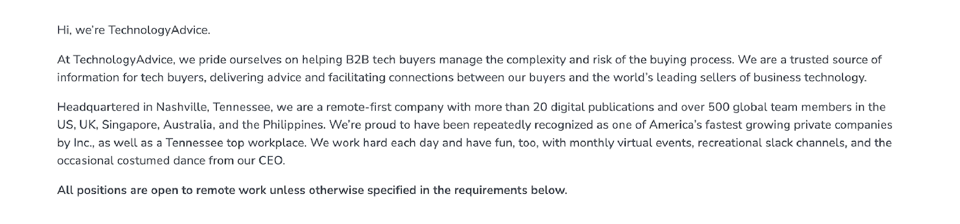 Screenshot of a job description segment that includes company information.