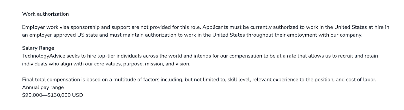 Screenshot of a job description segment that includes work authorization information.