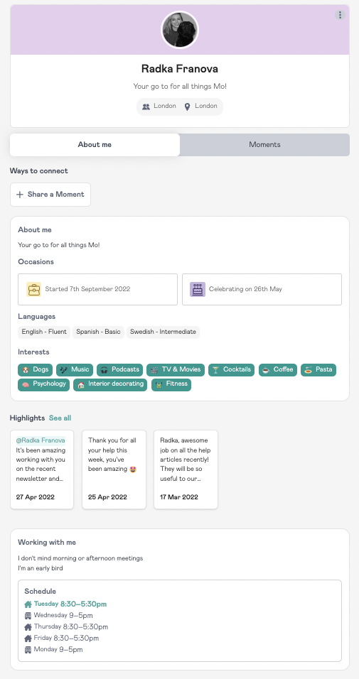 Mo displays an "About Me" tab of an employee's profile with information about their language proficiencies, interests, highlights, schedule, and important dates.