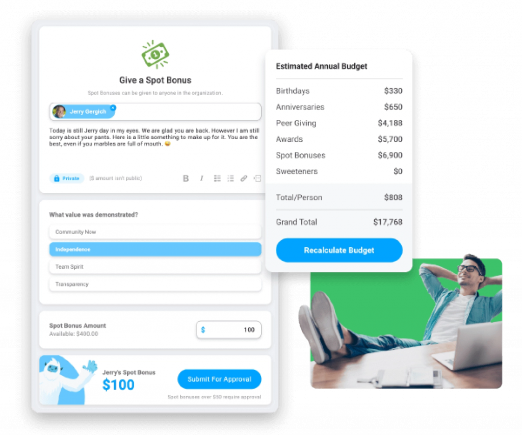 Motivosity displays information about an employee's spot bonus next to a window that breaks down the company's annual employee rewards budget.